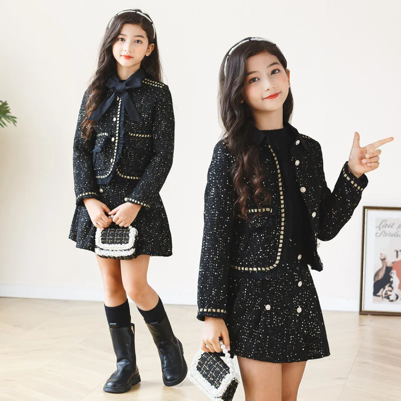 Children Set Girls Autumn Winter New 2025 Fashion Korean Princess Dress Black Small Fragrant Style Coat Skirt Two Piece Set