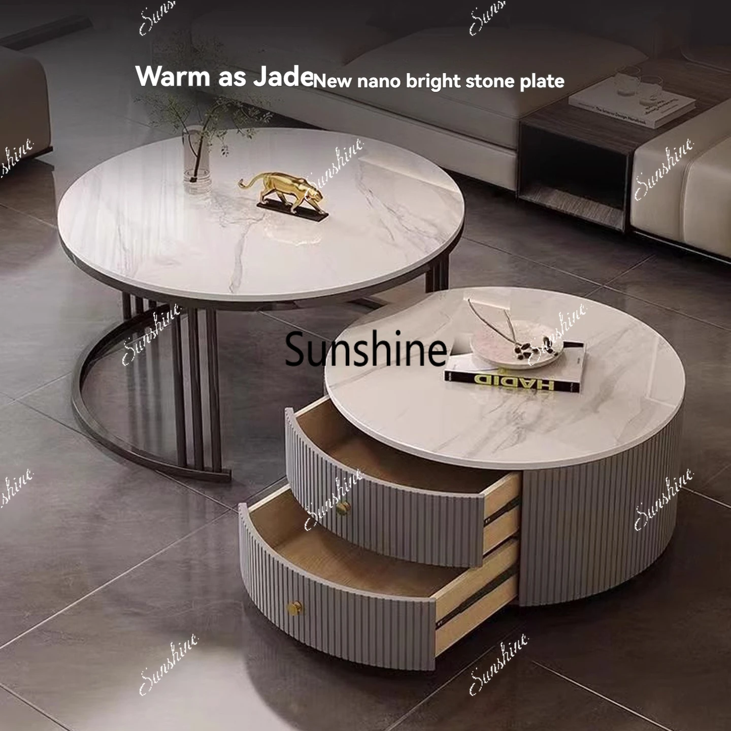 

Modern Round Nesting Coffee Table Fluted with Drawer for Home Living Room 31.5'' Extendable Coffee Table with Storage&Wheels