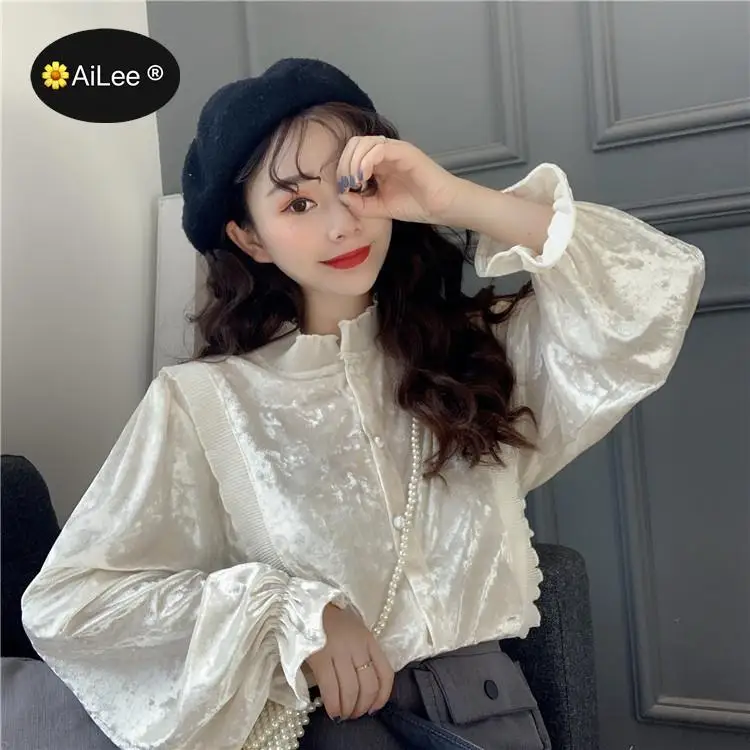 Paleis Prinses Winter Fleece Losse Blouse Vrouwen Lady Lolita Warme Lange Lantaarn Mouw Tops Vintage Stand Ruche Hals Sweet Shirt