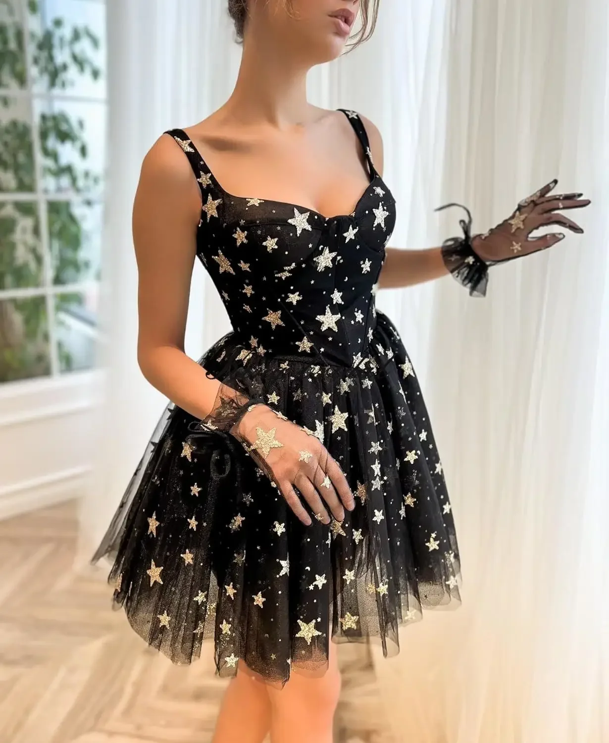 

Sparkly Starry Tulle Formal Evening Party Gown Cocktail Gowns Short Homecoming Dresses for Teens Glitter Star Mini Prom Dress