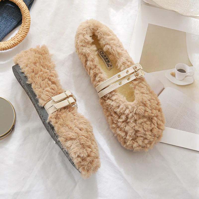 

Fur Loafers Women Shoes Ballet Flats Fashion Round Toe Buckle Shallow Shoes Vintage Furry Slides Big Size 34-43 Apricot Brown
