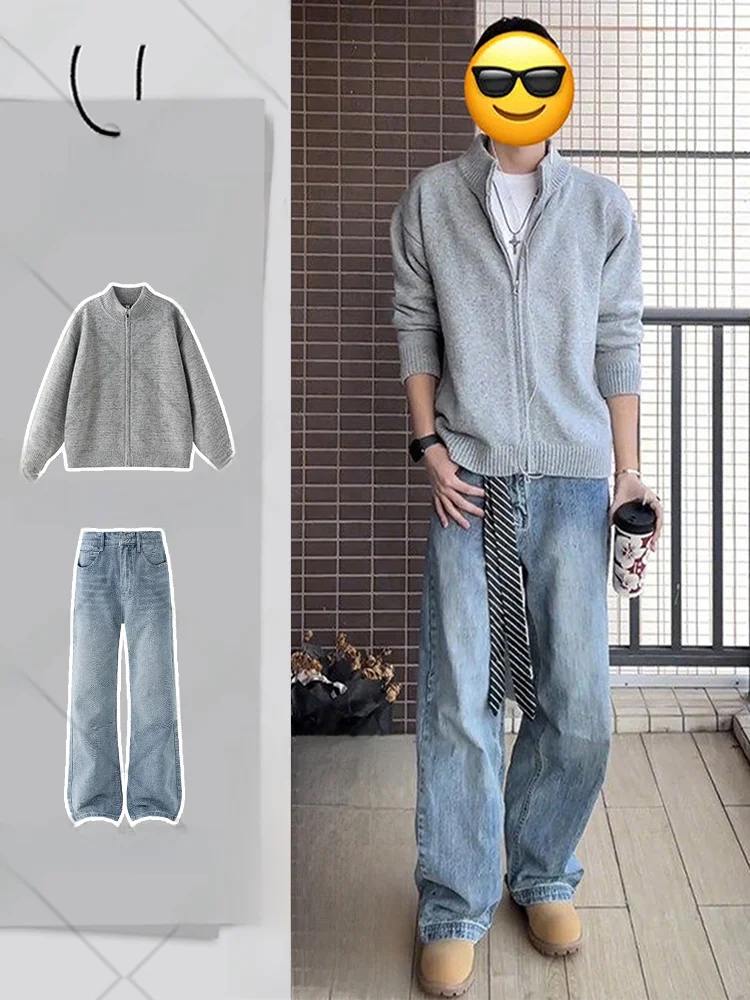 

Мужской вязаный кардиган и свитер в винтажном стиле, свободного кроя, с длинными рукавами, мягкий трикотаж, повседневный, с воротником-стойкой, для зимы