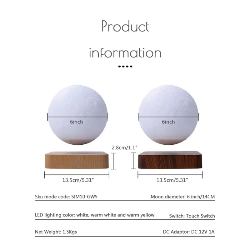 for Floating Maglev Moon Lamp Touch Control Three Color LED Night Light 14cm Glowing Decorative Desk Table Ambient Lighting