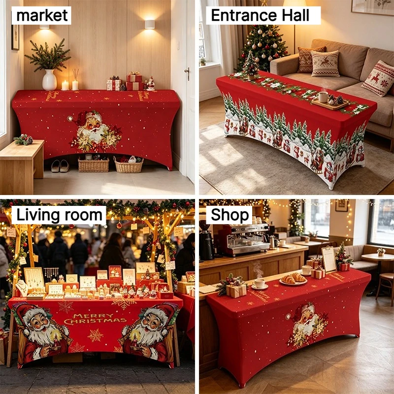 Santa Printed Stretch Table Cover Reusable Fitted Spandex Table Cloth for Christmas Party Craft Fair Market Booth Decoration