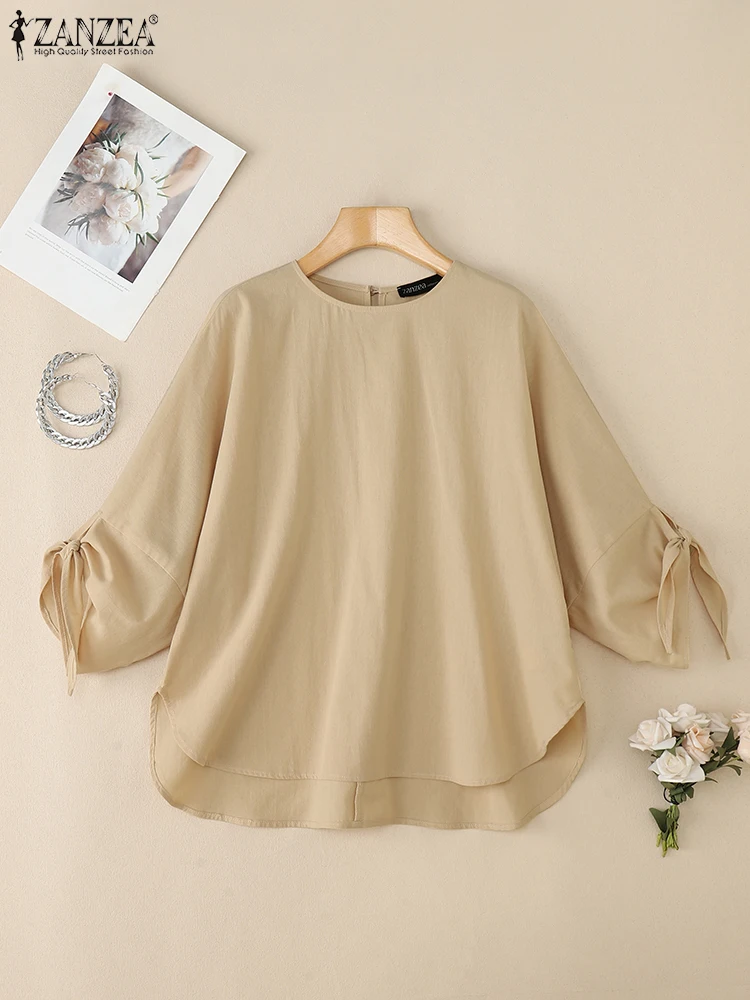 

2025 ZANZEA Autumn Shirts Fashion Women 3/4 Sleeve Work Blouses Solid Loose Tops Casual O Neck Baggy Irregular Hem Blusas Mujer