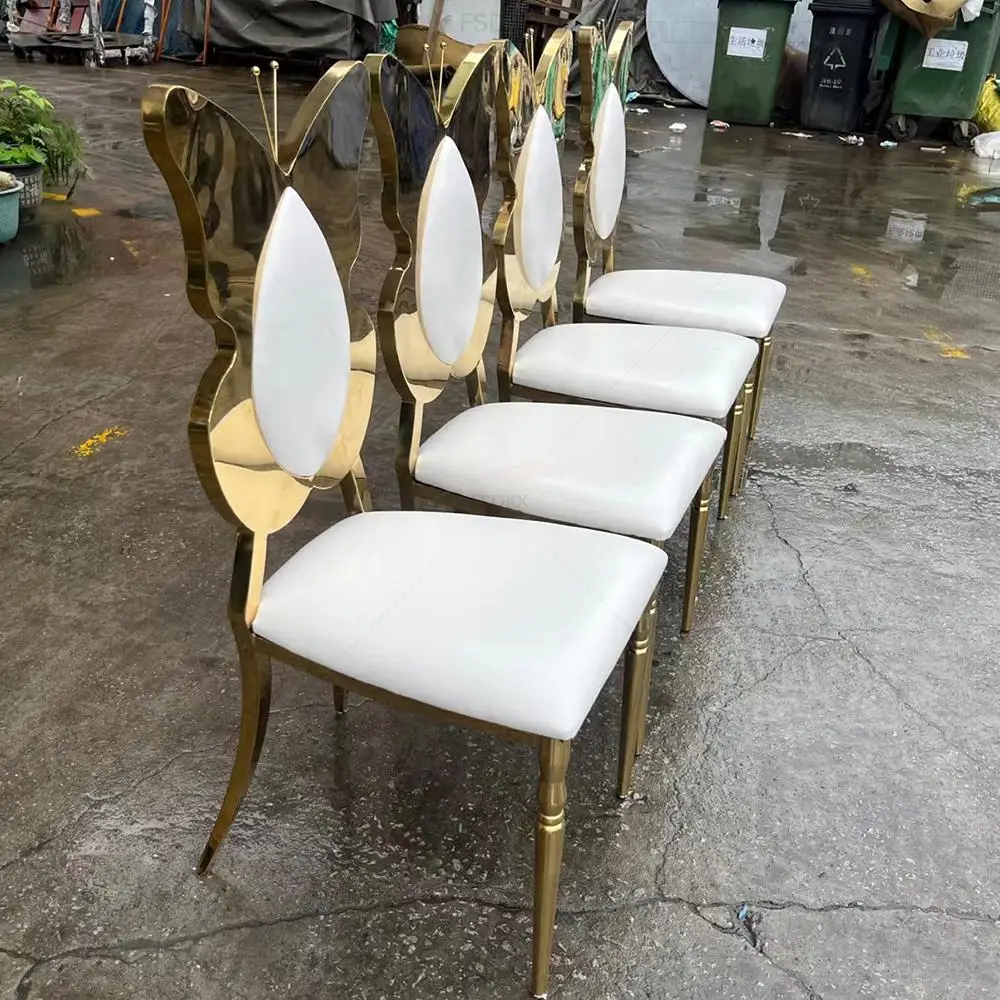 

Butterfly Shape Stainless Steel Wedding Chair New Design Gold Hotel Dining Banquet Hall Chairs for Outdoor Parties Events