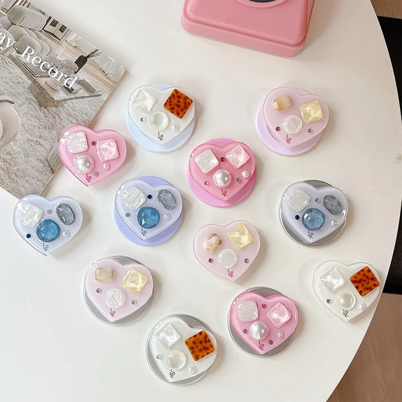 

Gemstone Rhinestone Magnetic Phone Grip Holder Heart-shaped Airbag Bracket Foldable Phone Case Desktop Support Finger Socket