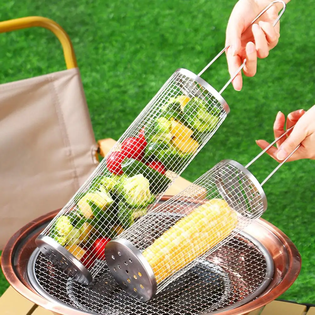 Outdoor BBQ Cage Stainless Steel Wire Neat Mesh Grill Non-sticky Long Handle Evenly Heated Rolling Grill Basket BBQ Mesh Net