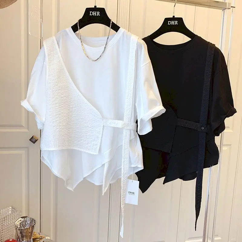 

Fashion T Shirt Women Design Sense Niche T-shirt Loose Casual Stitching Vest Irregular Button Short Sleeve Tshirt Fake Two Piece