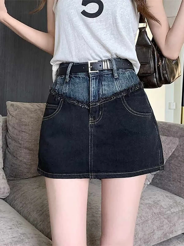 

Oversized Vintage Spliced Denim Short Skirts Women Summer New High Waist Slim Contrast Color A-line Hot Girls Style Skirts