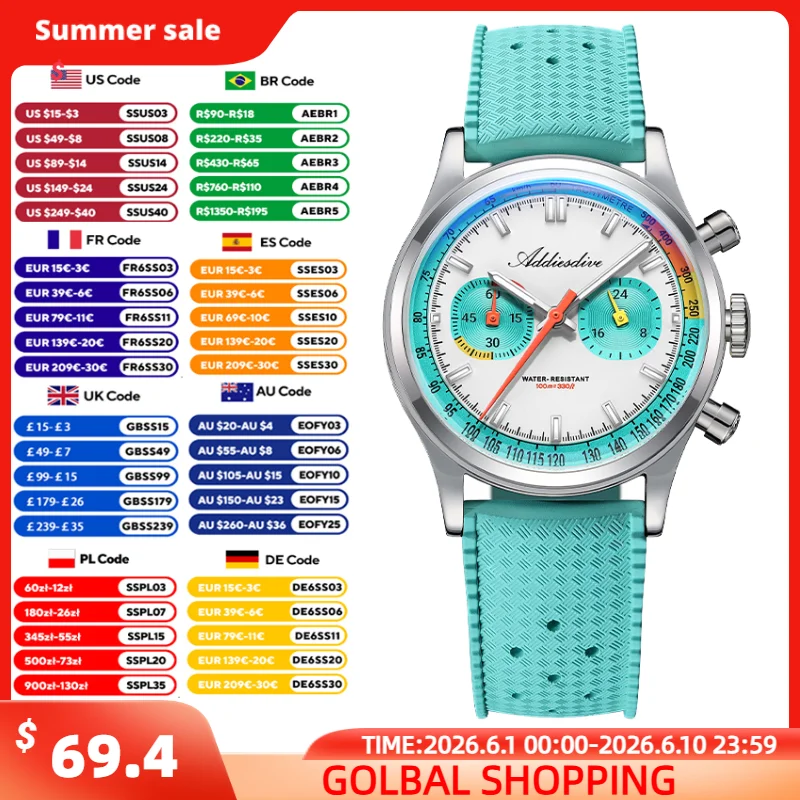 

ADDIESDIVE Men's Chronograph Quartz Watch 100M Waterproof Multifunctional Sport Wristwatch Bubble Glass Super Luminous Watches