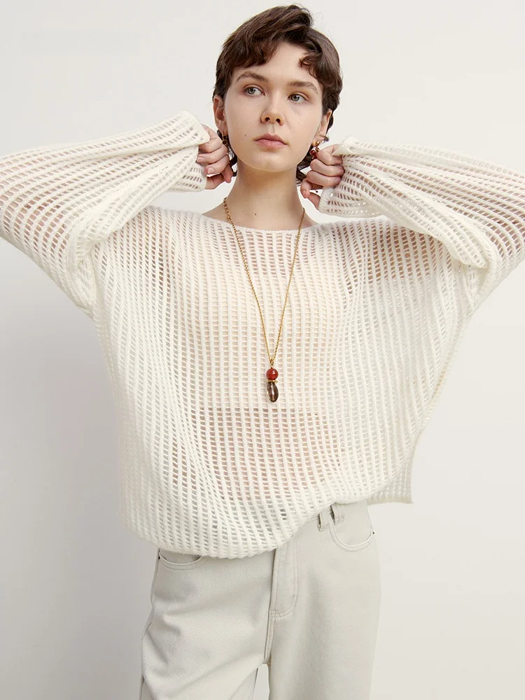 

INFFTRU2026 Spring Hollow out Knitted Casual Faion Simple round Ne Top Women's Loose Fit Long Sve Nylon Wool Alpaca