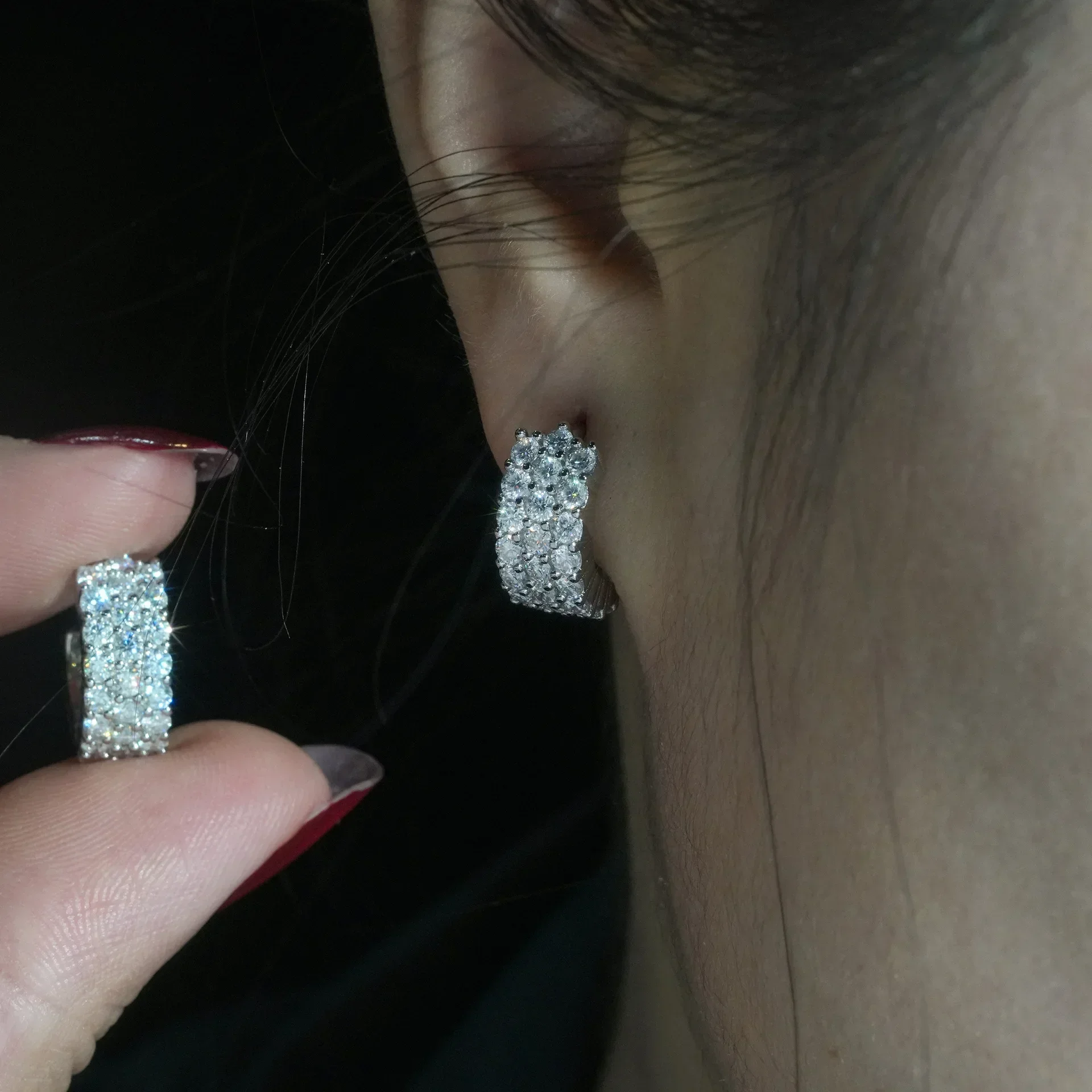 NASIASparkling Real 3-Row Full Moissanite Earrings for Women Jewelry S925 Silver Diamond Small Ear Buckle Earring Gift 2026