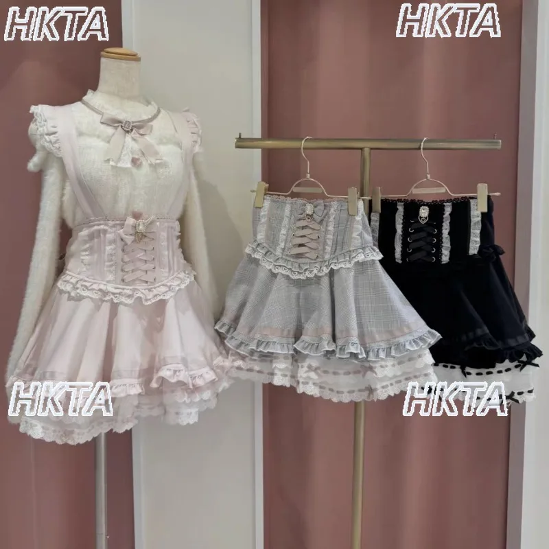 Japanese Cute Layer Liz Cake Skirts Women Autumn and Winter New Lotus Leaf Pleated Strap Skirt Lolita Sweet Girls Plaid Skirt