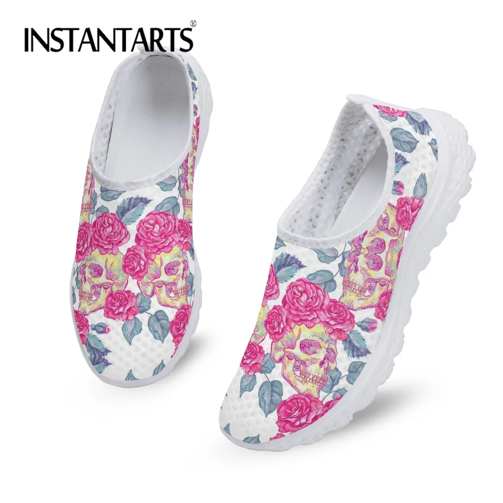 INSTANTARTS 2022 New Girls Ladies Soft Sneaker Beautiful Pink Rose Skull Brand Design Lightweight Slip On Mesh Footwear Mujer