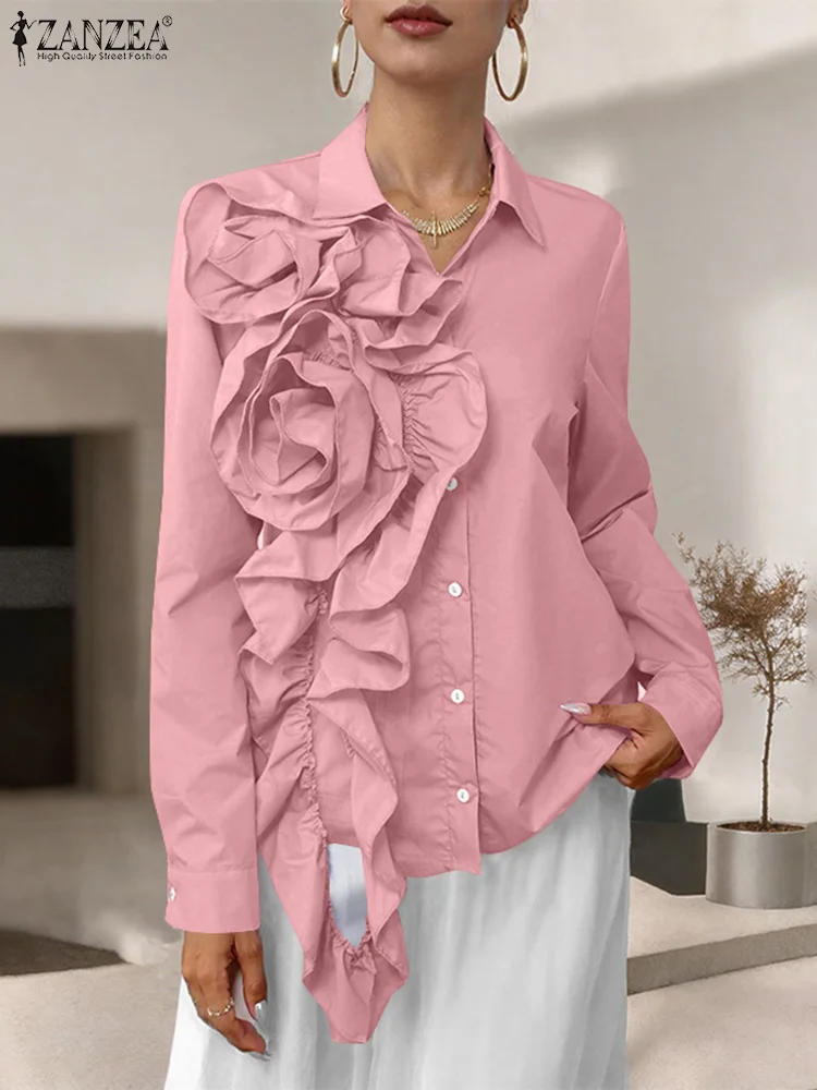 

ZANZEA Vintage Solid Commuting Shirt Women Long Sleeve Blouse Fashion Spring Button Tops 2025 Casual 3D Flowers Stitching Blusas