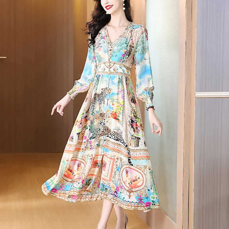 Summer 2026 Luxury Silk Diamonds Midi Dress Women's Vintage Print Elegant Evening Prom Dress Spring Holiday Boho Hepburn Vestido