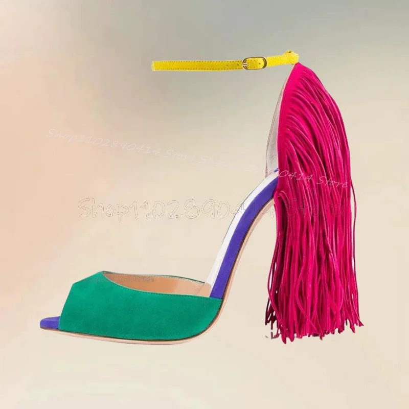 

Mixed Color Tassels Decor Peep Toe Sandals Ankle Buckle Strap Women Shoes Thin High Heels Fashion Party 2024 Zapatos Para Mujere