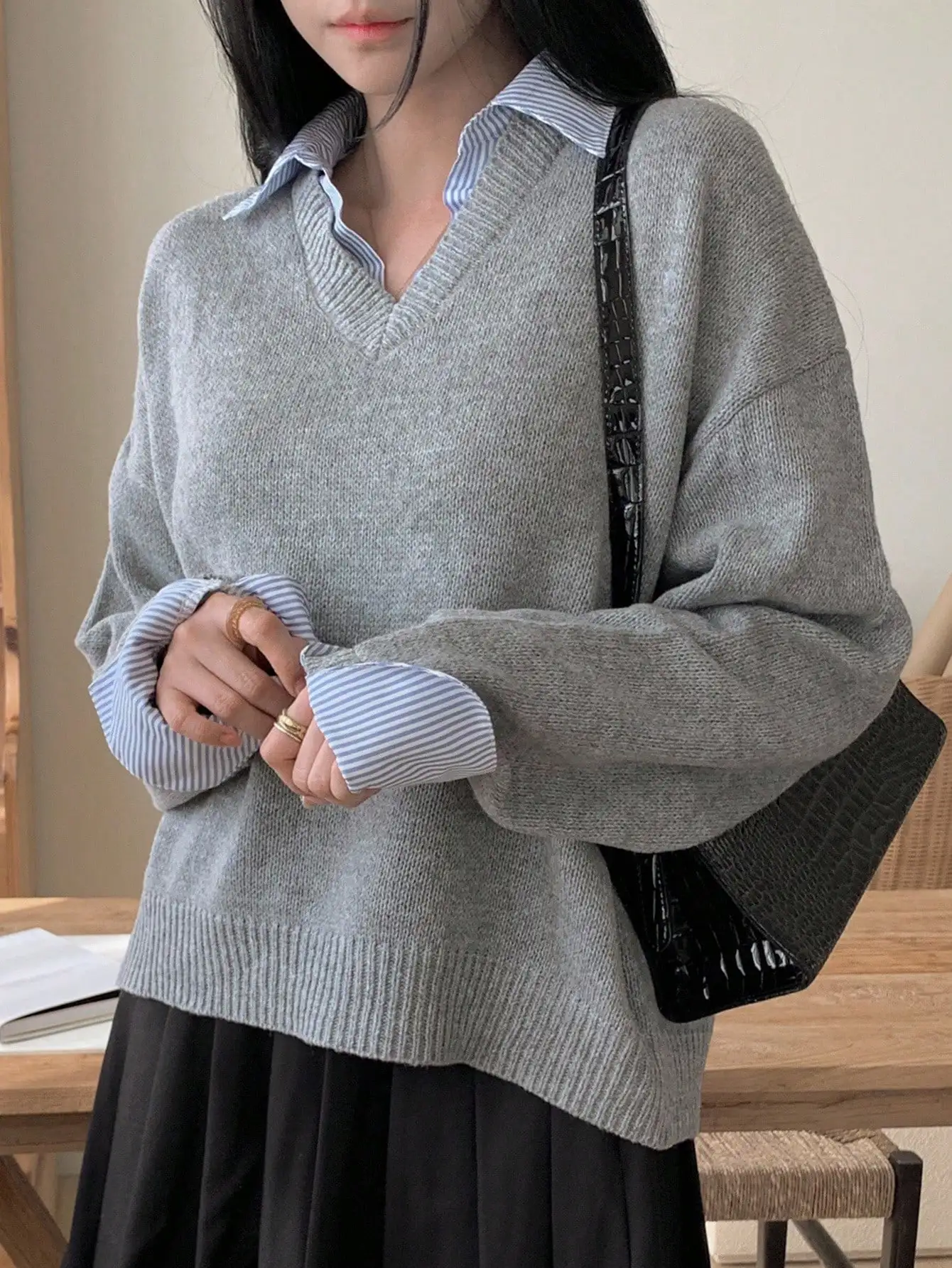 

Свитер-пуловер с V-образным вырезом и воротником 2-в-1, свободный повседневный серый трикотаж для осени и зимы