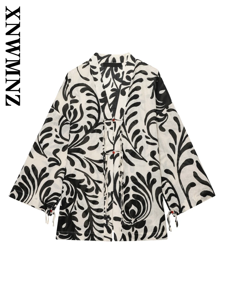 

XNWMNZ 2025 Spring New Woman's Holiday Fashion Long Sleeve V-Collar Coat boho Woman Color Block Top Chic Beading Tie Outerwear