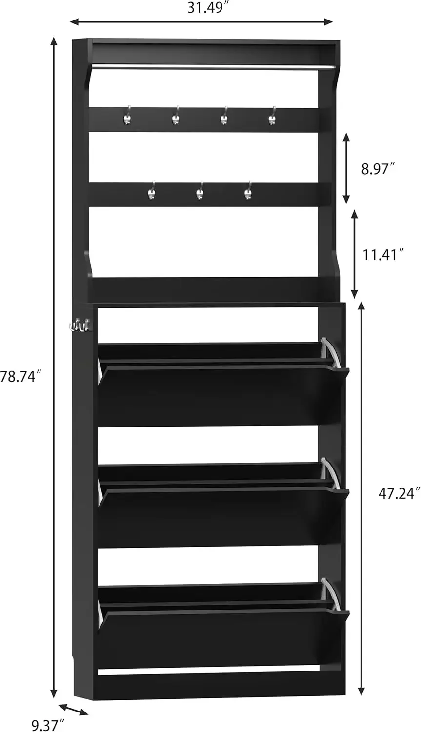 Shoe Cabinet Storage for Entryway, Slim Freestanding Wood Rack with 3 Flip Drawers, Tall Black Shoe Organizer for Hallway