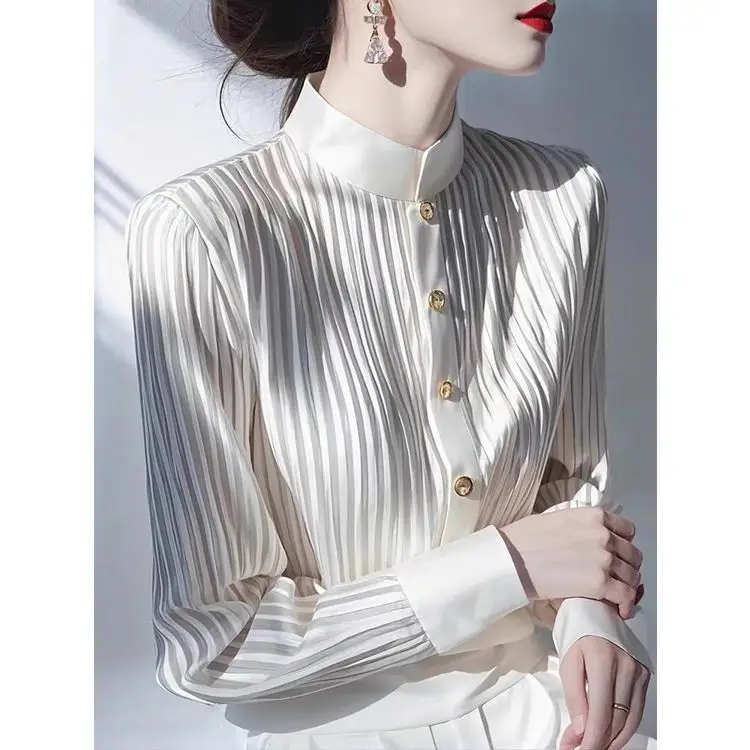 

Chiffon Shirt for Women Spring New Unique Gray Contrasting Striped Button Long-sleeved Cardigan