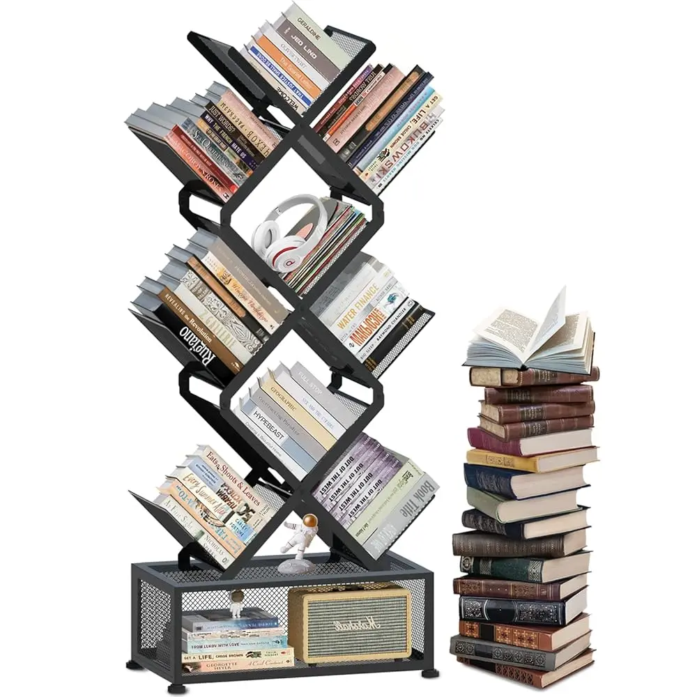 

Tree Bookshelf,9 Tier Folding Bookshelf With Storage Cabinet, Tall Narrow Bookshelves Organizer,Bookcase Tower,Tall Floor