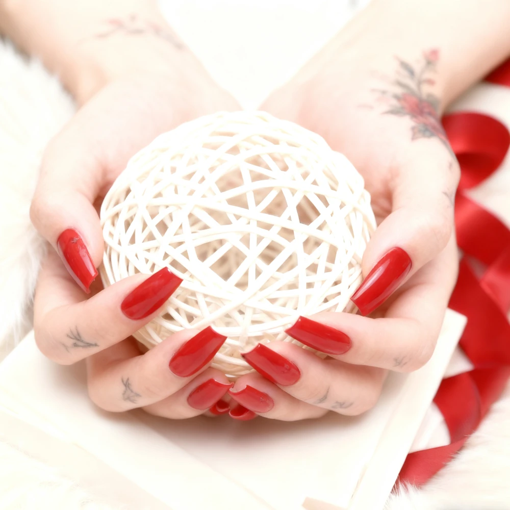 반짝이는 짙은 빨간색 아크릴 인조 손톱 팁, 접착제 포함, 여성용 짧은 발레리나 코핀 모양 프레스온 네일, 매니큐어 액세서리