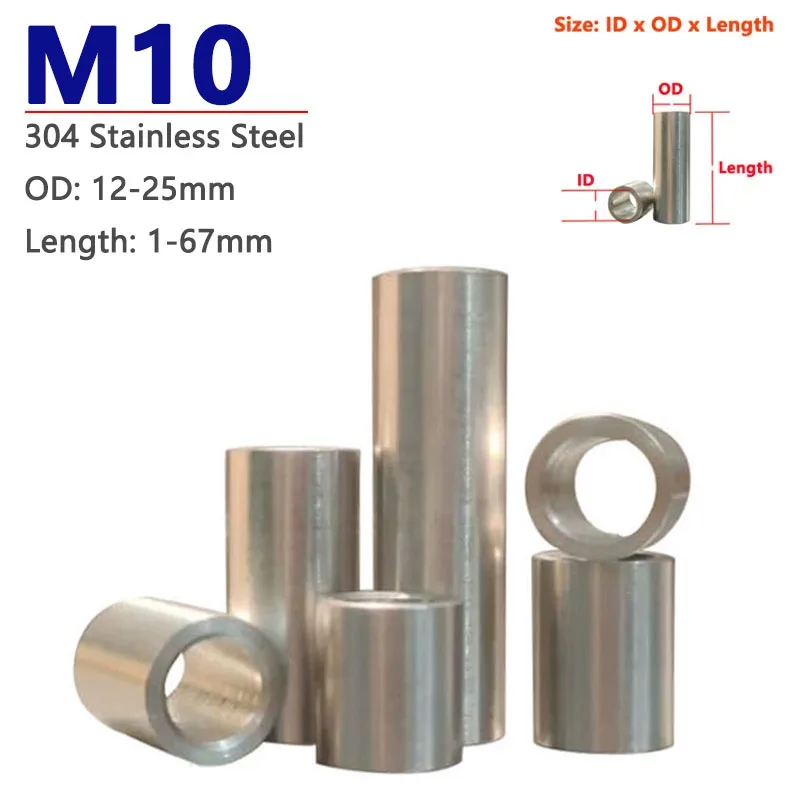 M10 Unthreaded 304 Stainless Steel Bushing Washer Round Hollow Standoff Spacer Gasket Sleeve OD 12-25mm Length 1 1.5 2 2.5-67mm