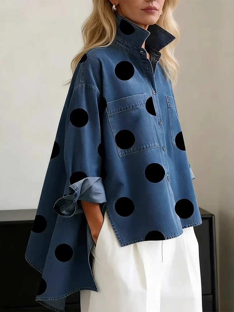 

Casual Women Long Sleeve Loose Commute Jacket Spring Summer Single Breasted Blouse Vintage Polka Dot Printed Lapel Denim Shirts