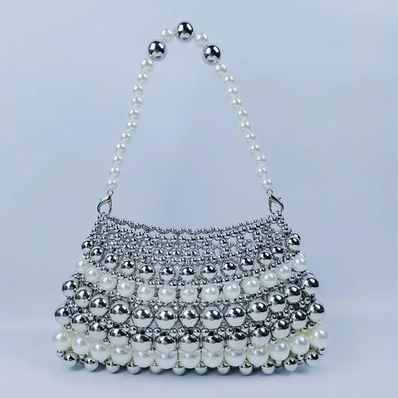 

New Fashion INS Texture Handmade Beaded Pearl Advanced Retro Underarm Shoulder Bags for Women Knitted Handheld Women's Bag