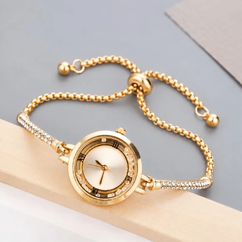New Rhinestone Quartz Watches Diamond Studded Watch Strap with Adjustable Bracelet Rotundity Shaped Watch Wrist Decoration Gift