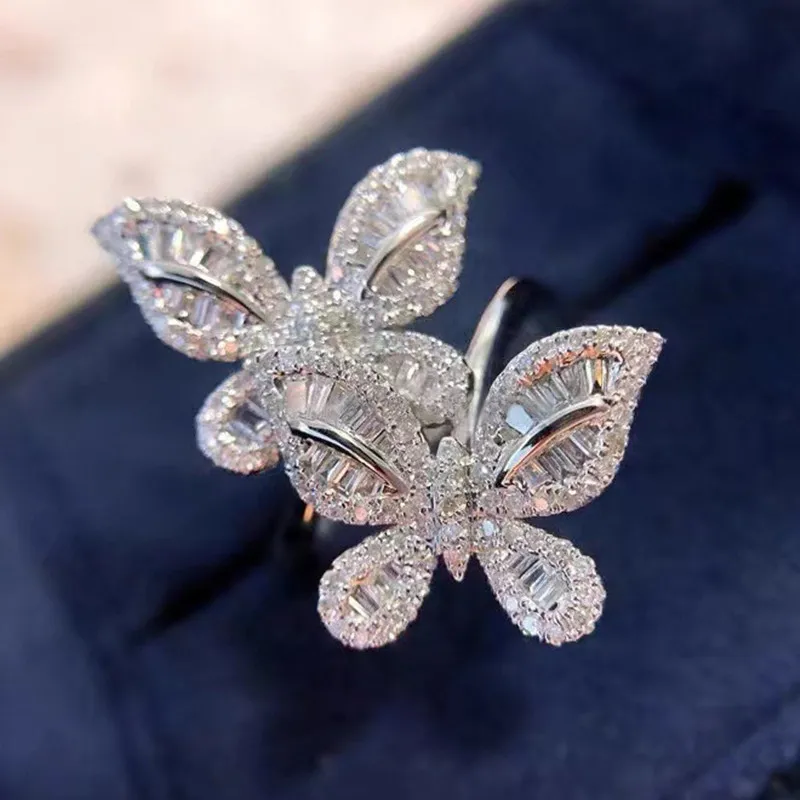 

Сверкающие все блестящие бриллианты, двойные кольца с бабочками для женщин, белое золото, стерлинговое серебро 925, бижутерия, роскошные украшения знаменитостей