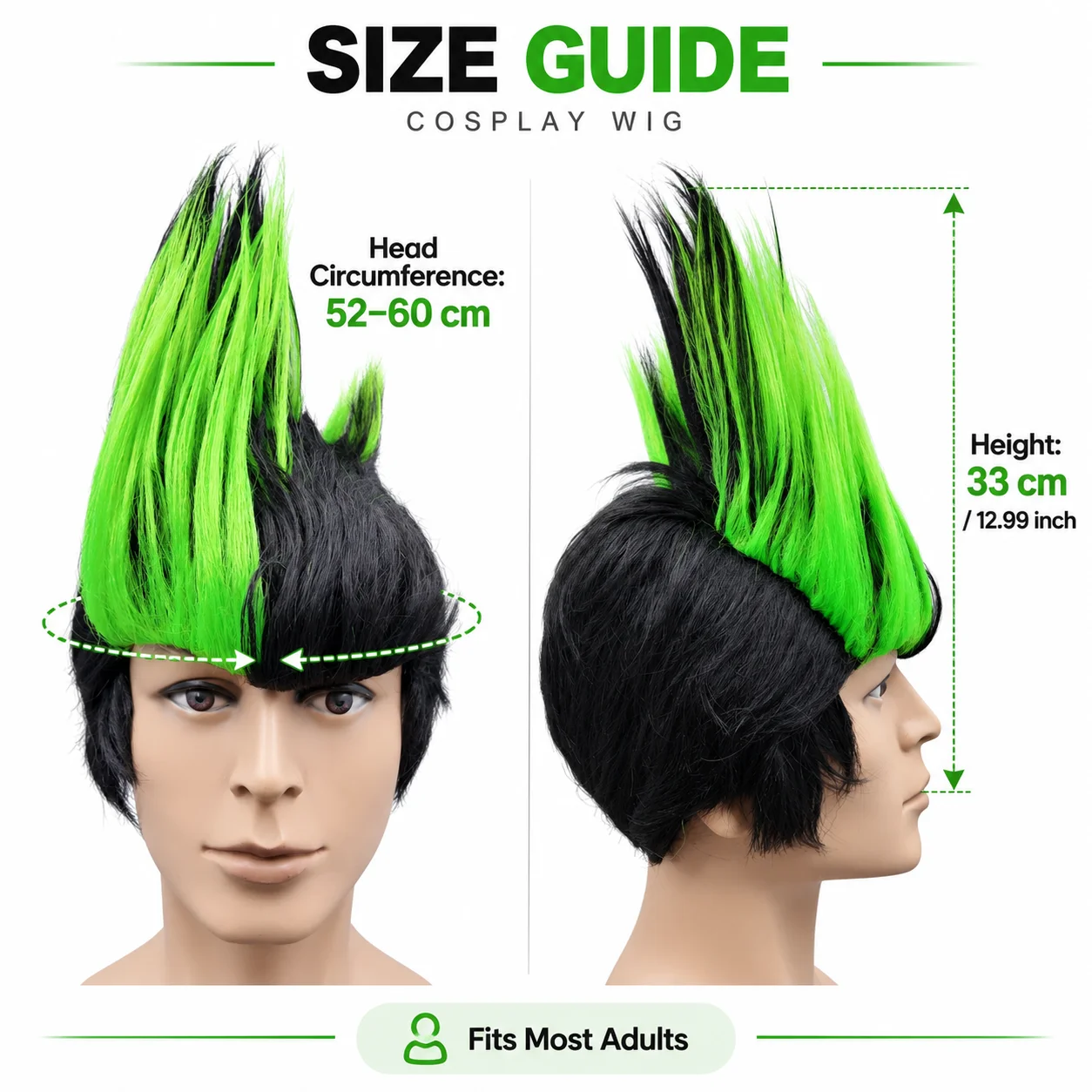1Pc Black Green Spiky Mohawk Wig Synthetic Punk Rock Style Cosplay Wig For Halloween Carnival Party Costume Dress Up Headwear