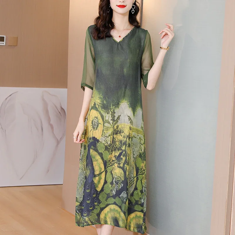 Female Korean Fashion Light Midi Dress Summer Boho Elegant Bodycon Casual Sundress 2025 Floral Beach Loose V-Neck Sexy Vestidos