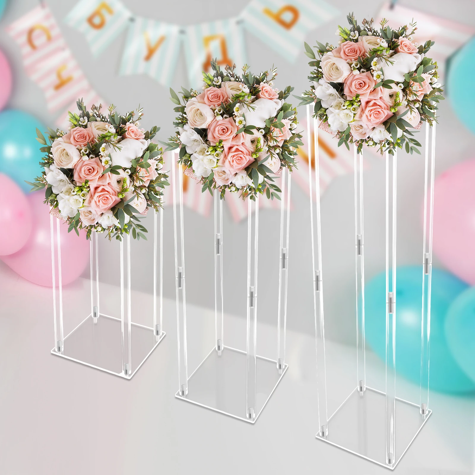 

3Pcs Wedding Clear Acrylic Column Flower Stand Set 40/60/80cm , for Lawn Hotel Opening Ceremony Banquet Hall decorate