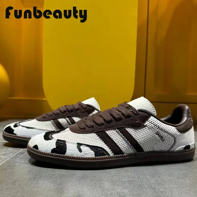 Cow Patterned Genuine Leather Sneakers Forrest Training Versatile Mesh Breathable Flat Casual Board Shoes 2024 New