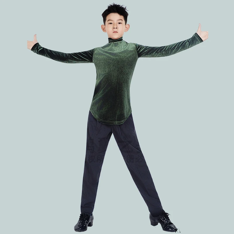 Jungen Latin Dance Kostüm Langarm Samt Tanz Top Cha Cha Rumba Tango Tanzen Outfit Schwarze Hosen Latin Praxis Tragen AMY2866