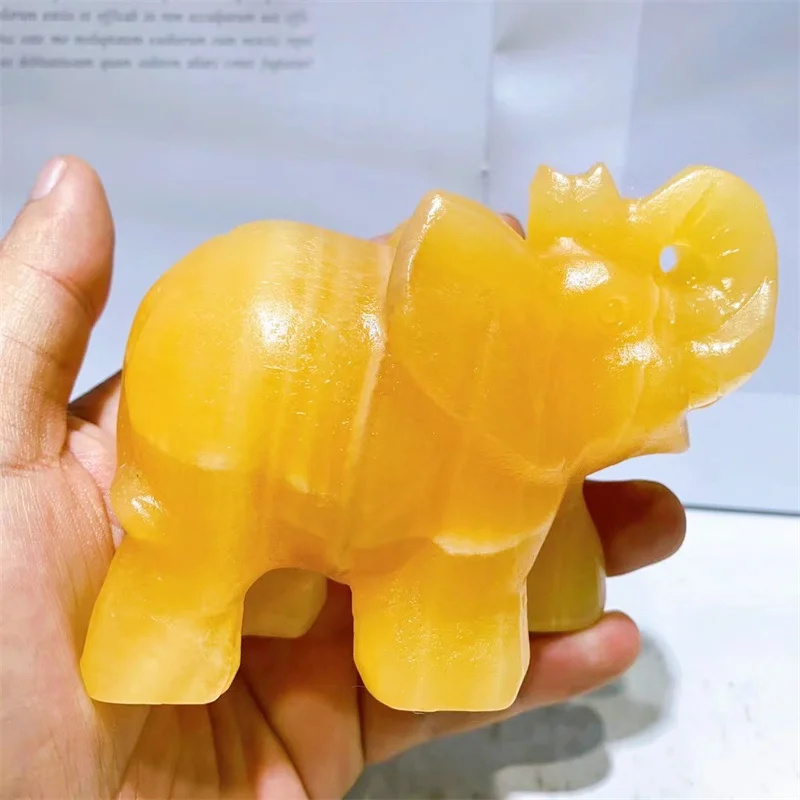 

9.5CM Natural Orange Calcite Elephant Crystal Carving Crafts Cute Animal Fashion Home Decoration Birthday Present 1pcs