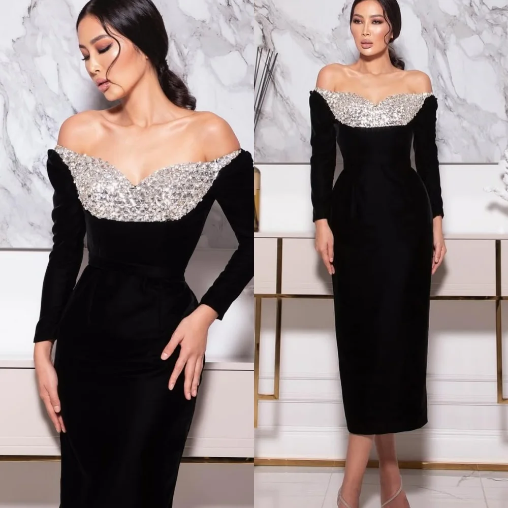 

Customized Simple Off the Shoulder Long Sleeves Evening Dress High Quality Satin Prom Dresses Delicate Crystal Party Gowns