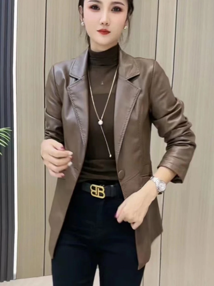 ファッショナブルな韓国風レディーススーツジャケットカジュアル多用途レザーコート秋冬デザイントレンディなロングスリーブスリムフィット