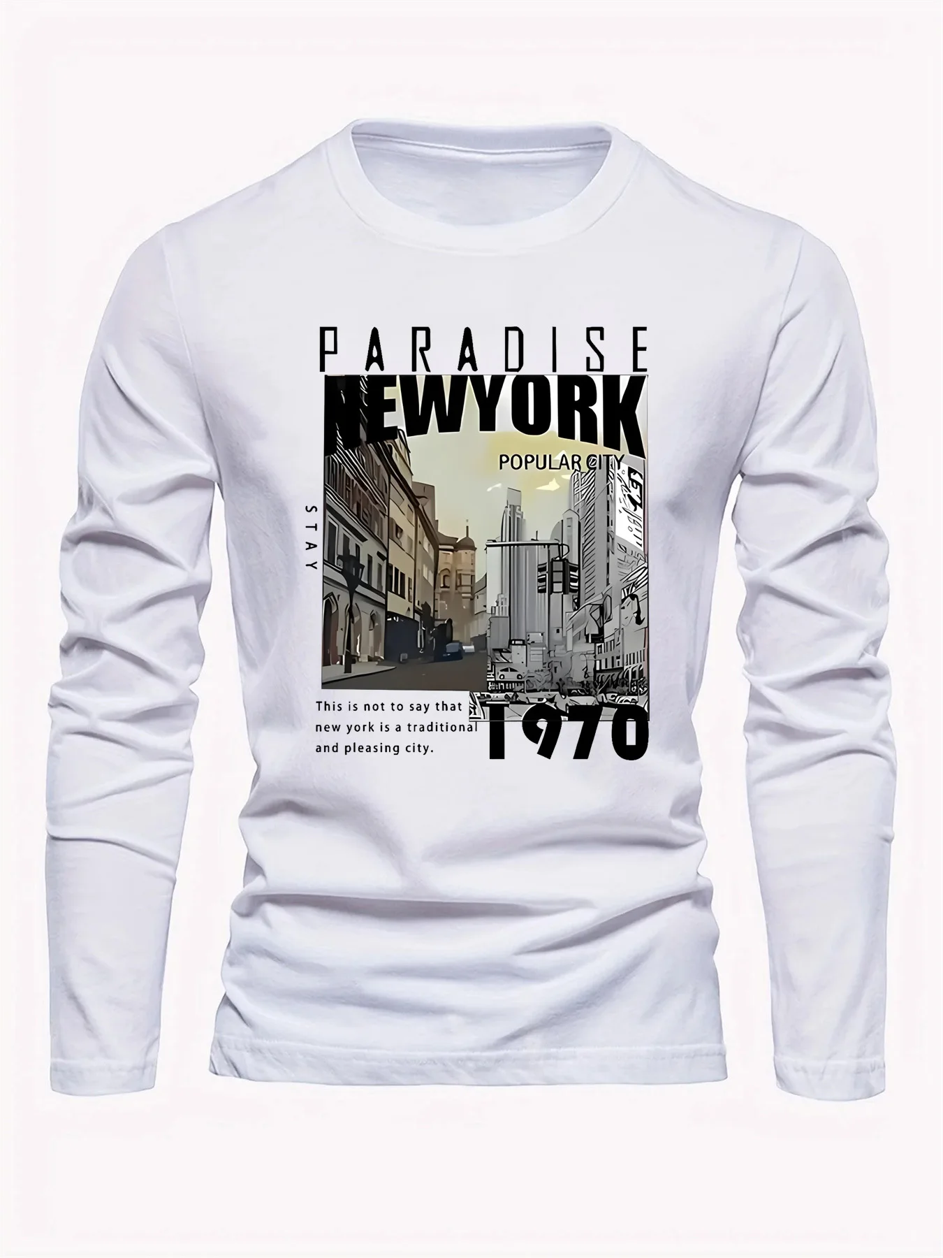تي شيرت رجالي 100% من القطن الخالص فضفاض ومريح كاجوال رياضي بنمط مدينة نيويورك مطبوع برقبة دائرية وأكمام طويلة #1