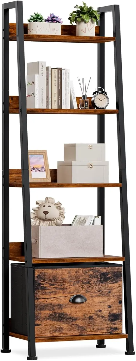 

5-Tier Ladder Shelf, Ladder Bookshelf with Removable Drawer, Rustic Bookcase Storage Rack Organizer, Wood Metal Freestanding