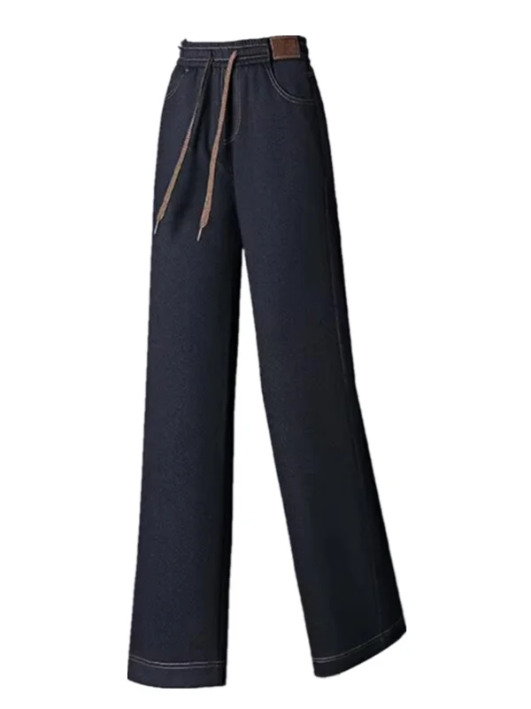 Retro Fce gevoerde nep-denim broek met wijde pijpen Rechte casual broek Hoge taille Elastisch polyestervezel Dames Faion