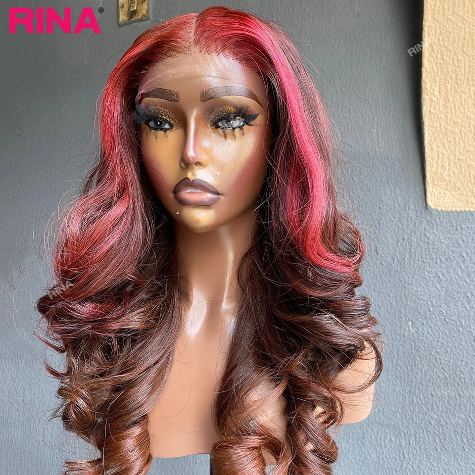 

Highlights Red Color 13x6 Transparent Lace Front Wig Brazilian Colored Human Hair Wigs For Women Body Wave 180 Density Wigs