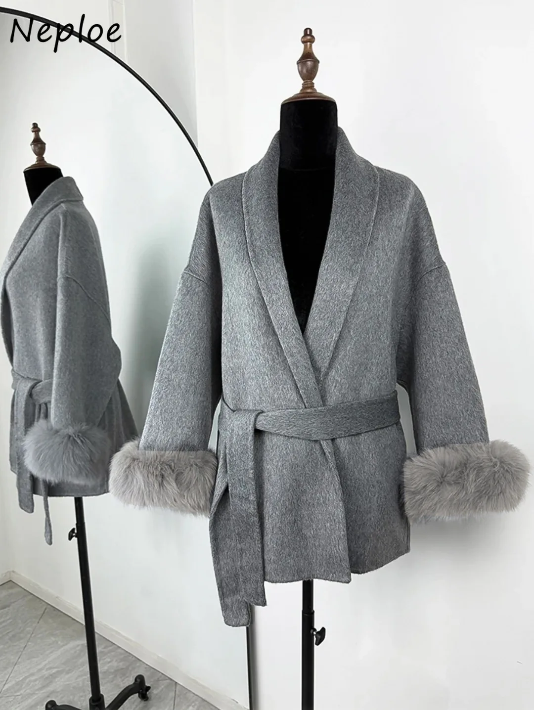 

Neploe New French Short Woolen Jackets Fur V Neck Lace Up Patchwork Solid Coat Celebrity Elegant Luxury All-match Slim Outwears