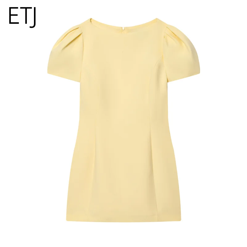ETJ Women's Yellow Puff Sleeve Mini Dress Square Neck Bodycon Fit Elegant Cocktail Party Fashion Dress 2026