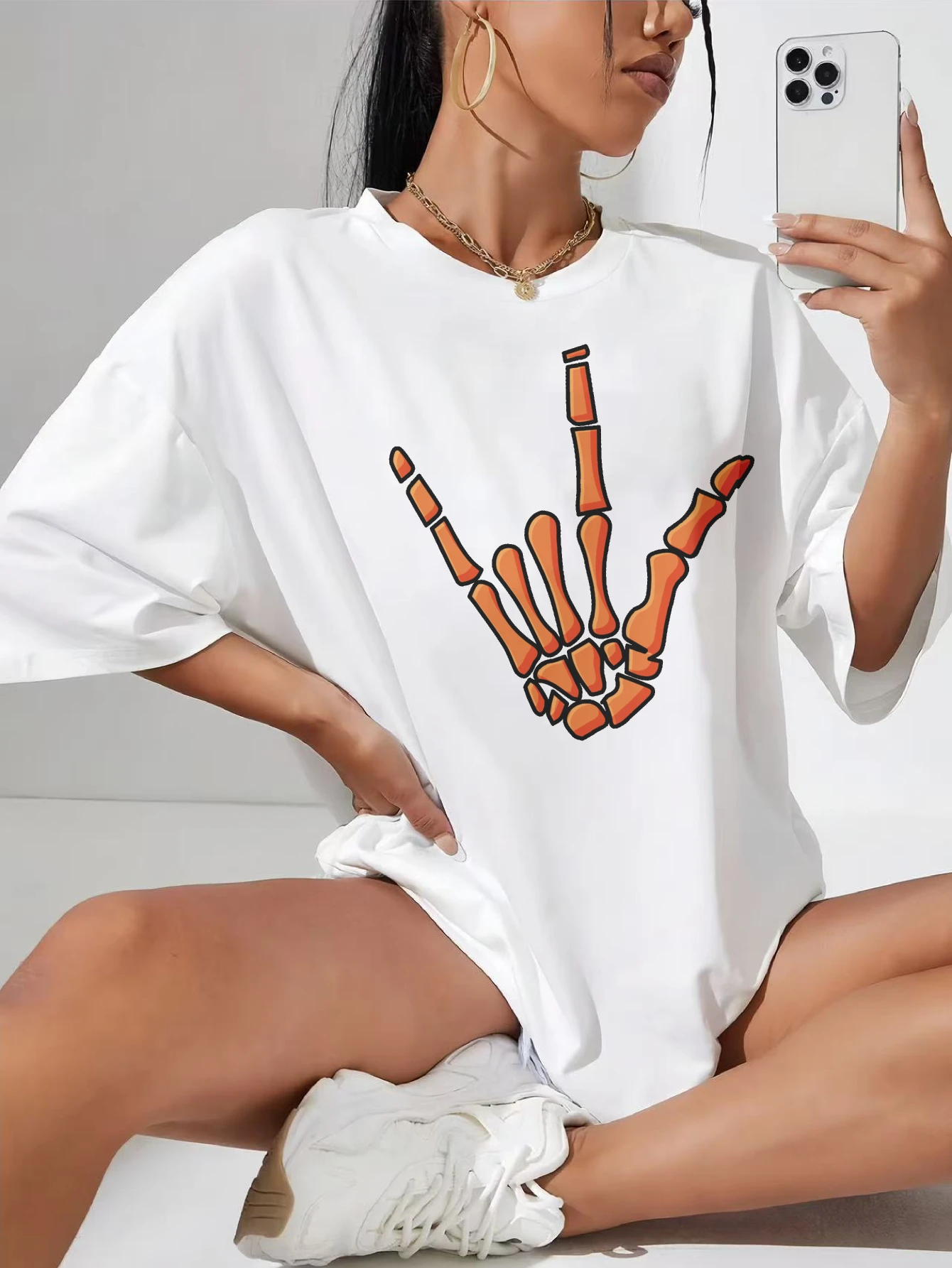 

Hand sign orange Soft cotton white maternity T-shirt with full bump stretch loose round neck festival ready