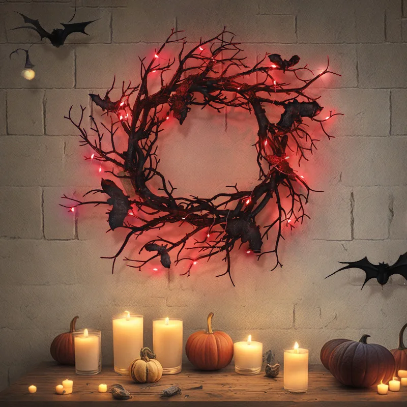 Halloween Wreath Bat Black Branch Wreaths With Red LED Light 45CM Wreaths For Doors Window Flower Garland Halloween Decoration