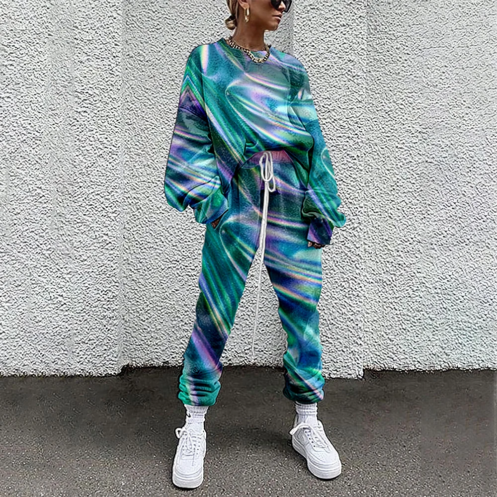 Women Tracksuit Color Print 2 Piece Outfit Sweatshirt+Straight Sweatpants Matching Set Fitness Sporty Streetwear 4XL